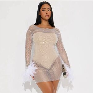 Sheer Mesh Dress with Feather Cuffs